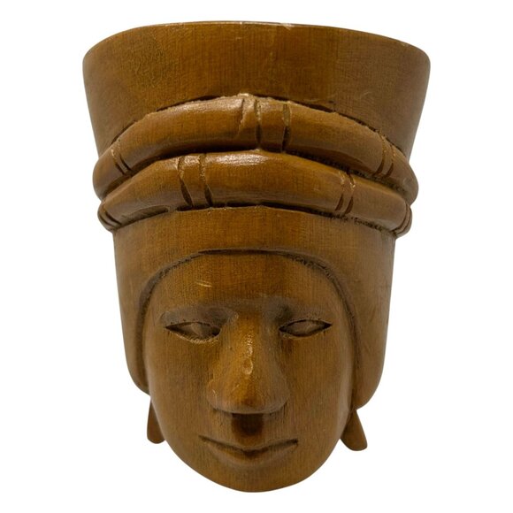 Vintage Hand Carved Mug Cup Wooden Wood Art Deco Woman Head Face 4.25" Tall - Picture 7 of 12